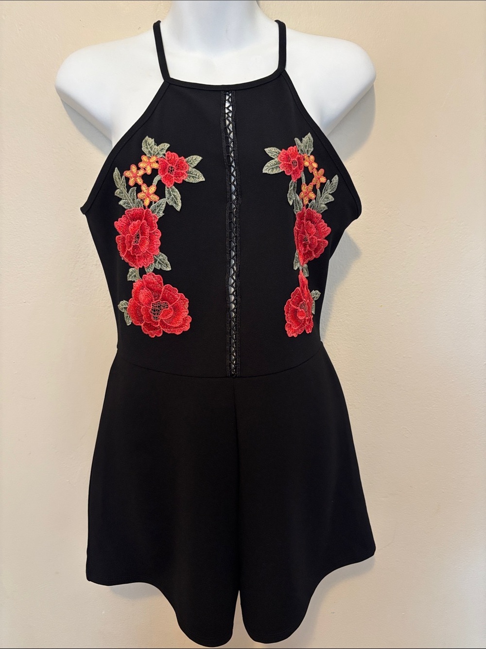 Windsor Black Halter Romper with Red Floral Embroidery